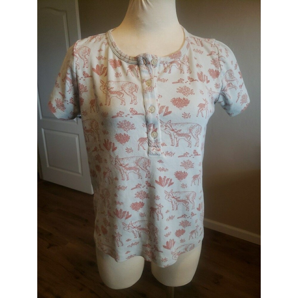 Kate Quinn Top Organic Cotton Size M Doe Fawn Deer Print Button Front Pullover
